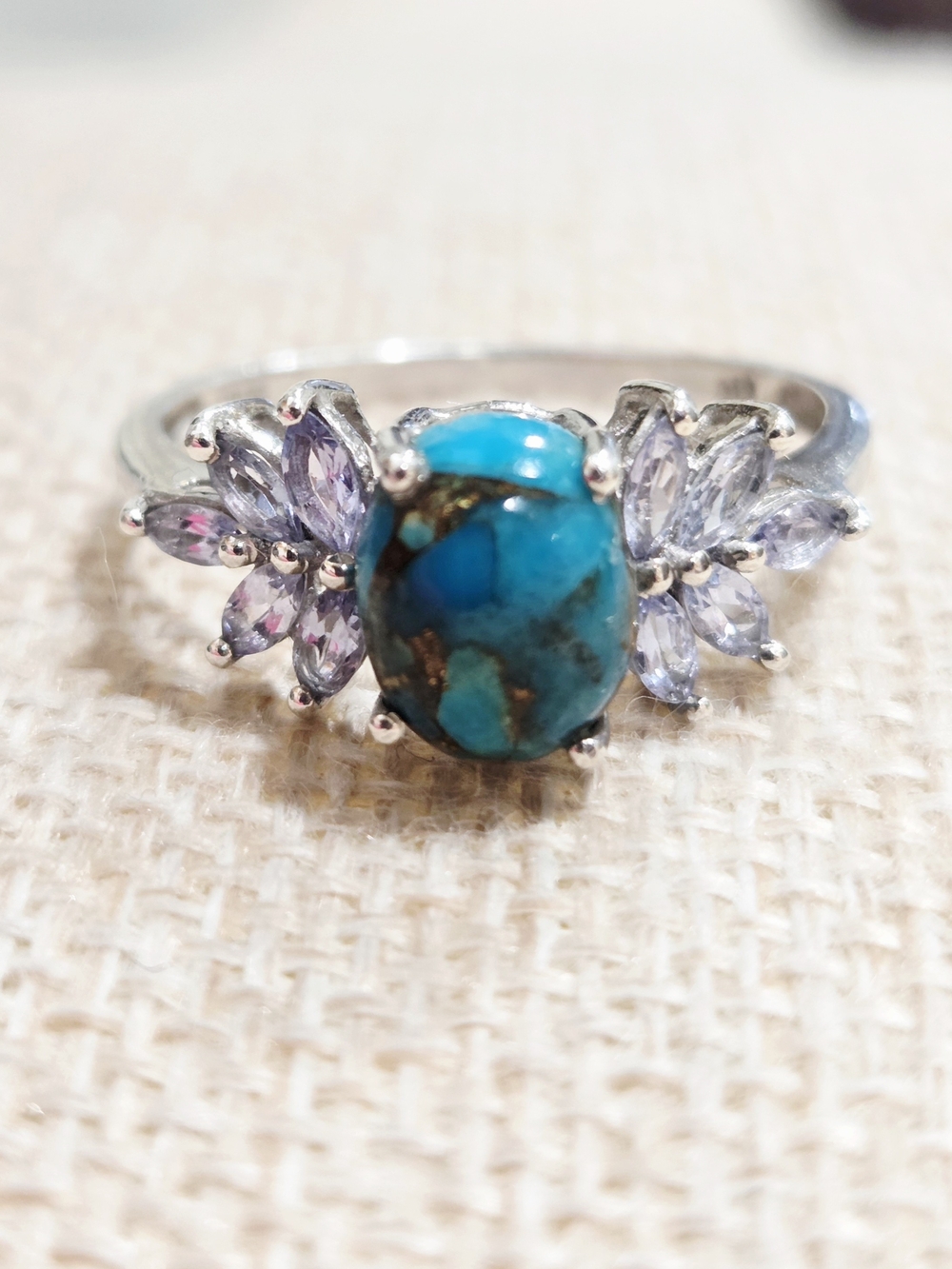 Sterling Silver Turquoise and Stone Floral Ring~ Size 10